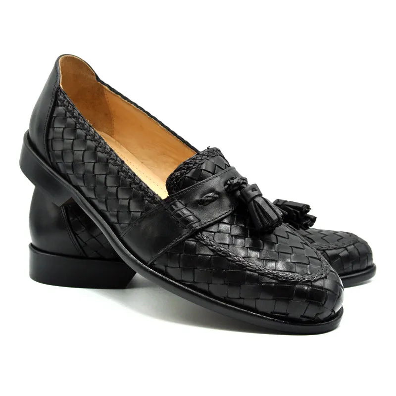 15-250-BLK RIVIERA Basketweave Calfskin Tassel Loafer, Black