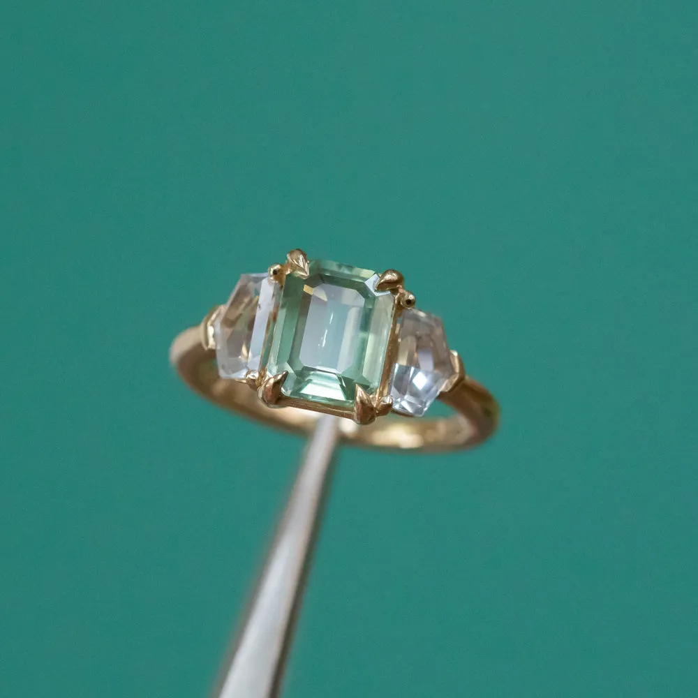 1.90ct Seafoam Emerald Cut Montana Sapphire and White Sapphire Three Stone Ring in 14k Yellow Gold