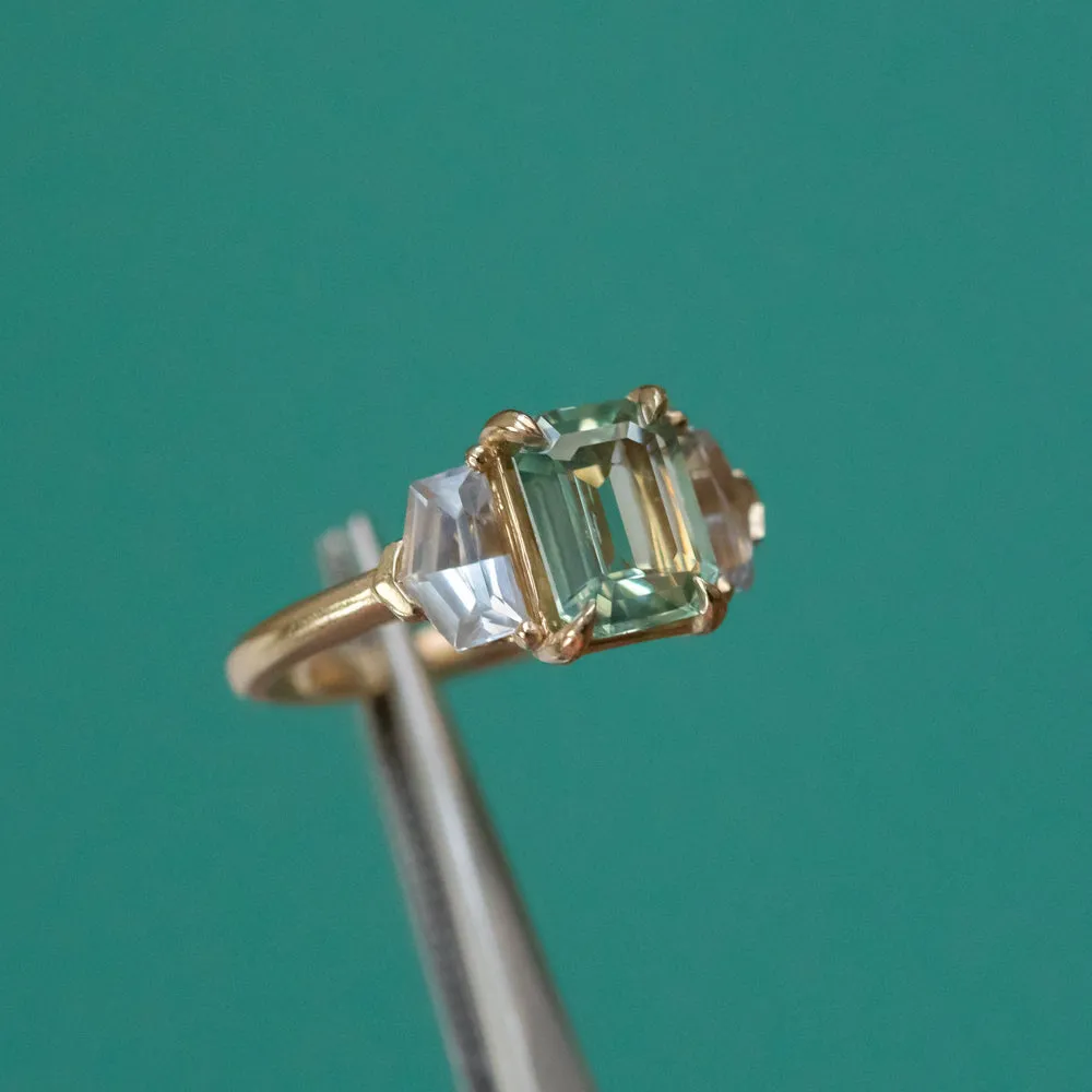 1.90ct Seafoam Emerald Cut Montana Sapphire and White Sapphire Three Stone Ring in 14k Yellow Gold