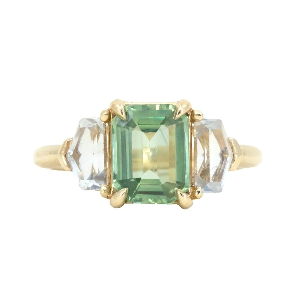 1.90ct Seafoam Emerald Cut Montana Sapphire and White Sapphire Three Stone Ring in 14k Yellow Gold