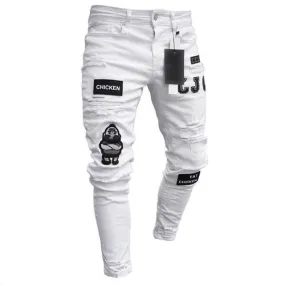 3 Styles Men's Stretchy Ripped Skinny Biker Embroidery Print Slim Jeans