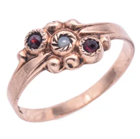 Antique 10K Yellow Gold Garnet & Pearl Band Ring Size 3.5