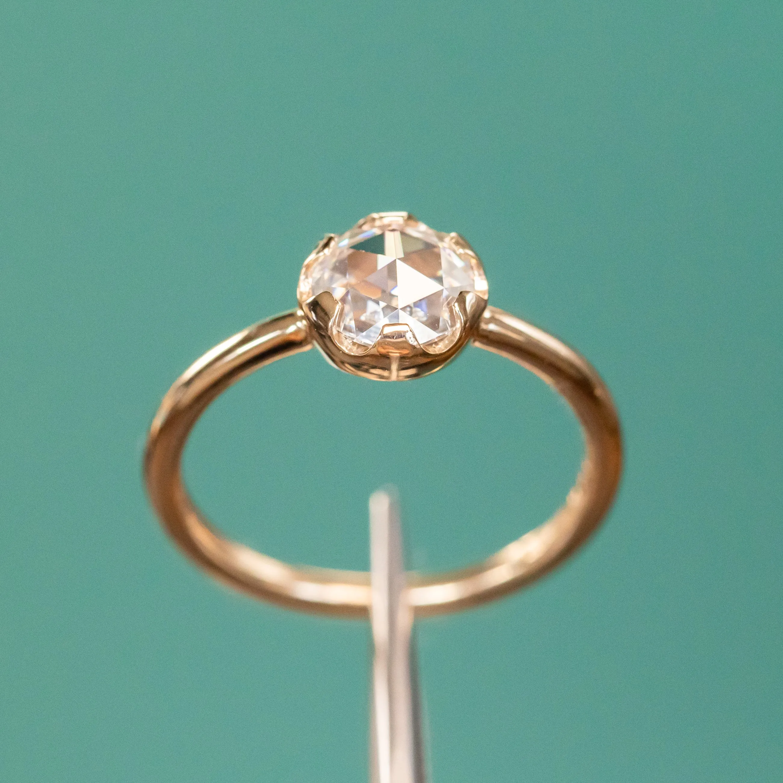 Antique style 6.5mm Round Rosecut Moissanite 6-Prong Low Profile Ring With Plain Rounded Band in 14K Yellow Gold