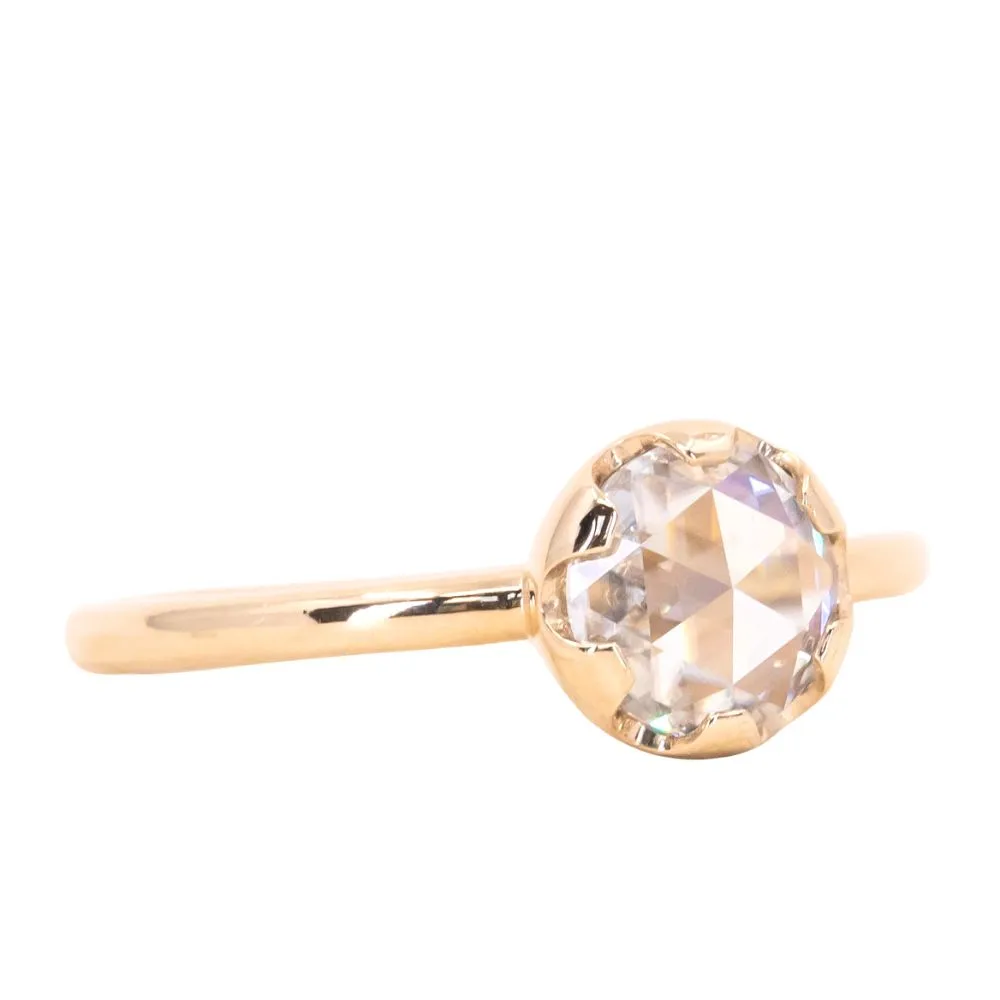 Antique style 6.5mm Round Rosecut Moissanite 6-Prong Low Profile Ring With Plain Rounded Band in 14K Yellow Gold