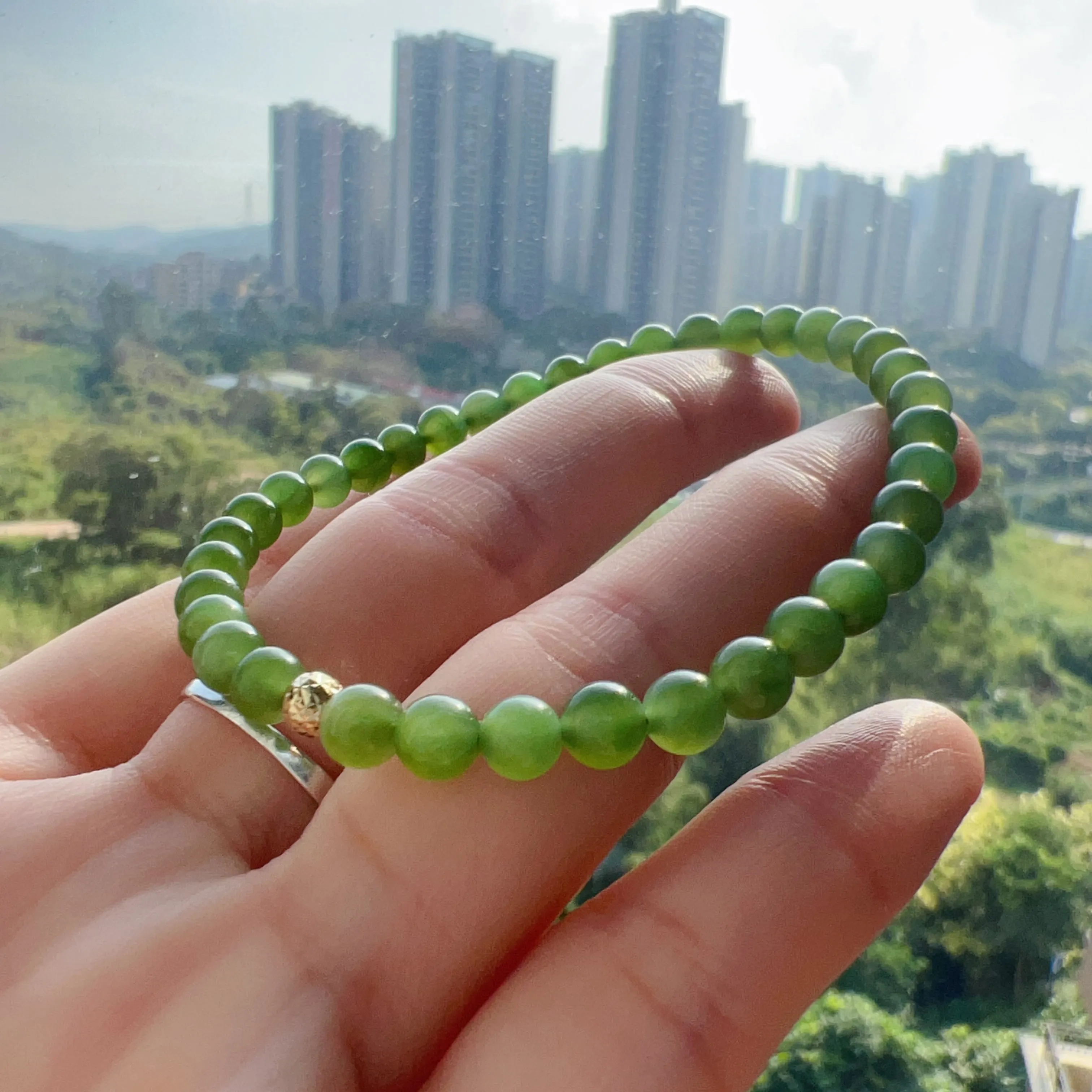 Apple Green Nephrite Jade Bracelet 5mm Beads with 18K Yellow Gold Faceted Bead | Natural Heart Chakra Healing Stone Jewelry