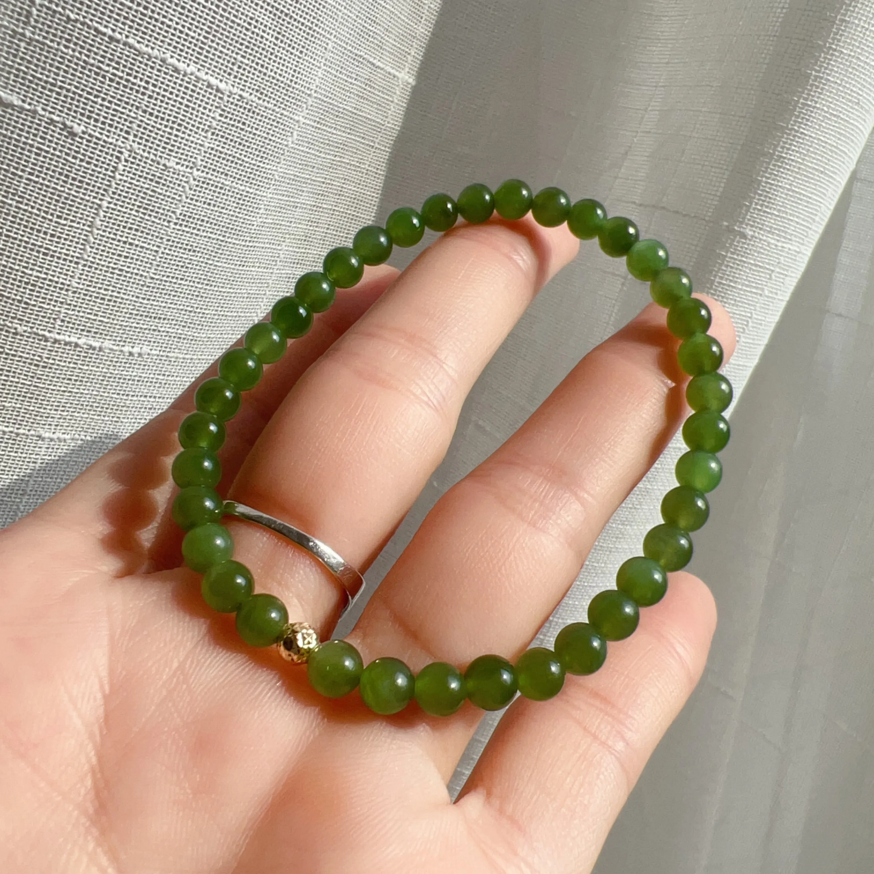 Apple Green Nephrite Jade Bracelet 5mm Beads with 18K Yellow Gold Faceted Bead | Natural Heart Chakra Healing Stone Jewelry