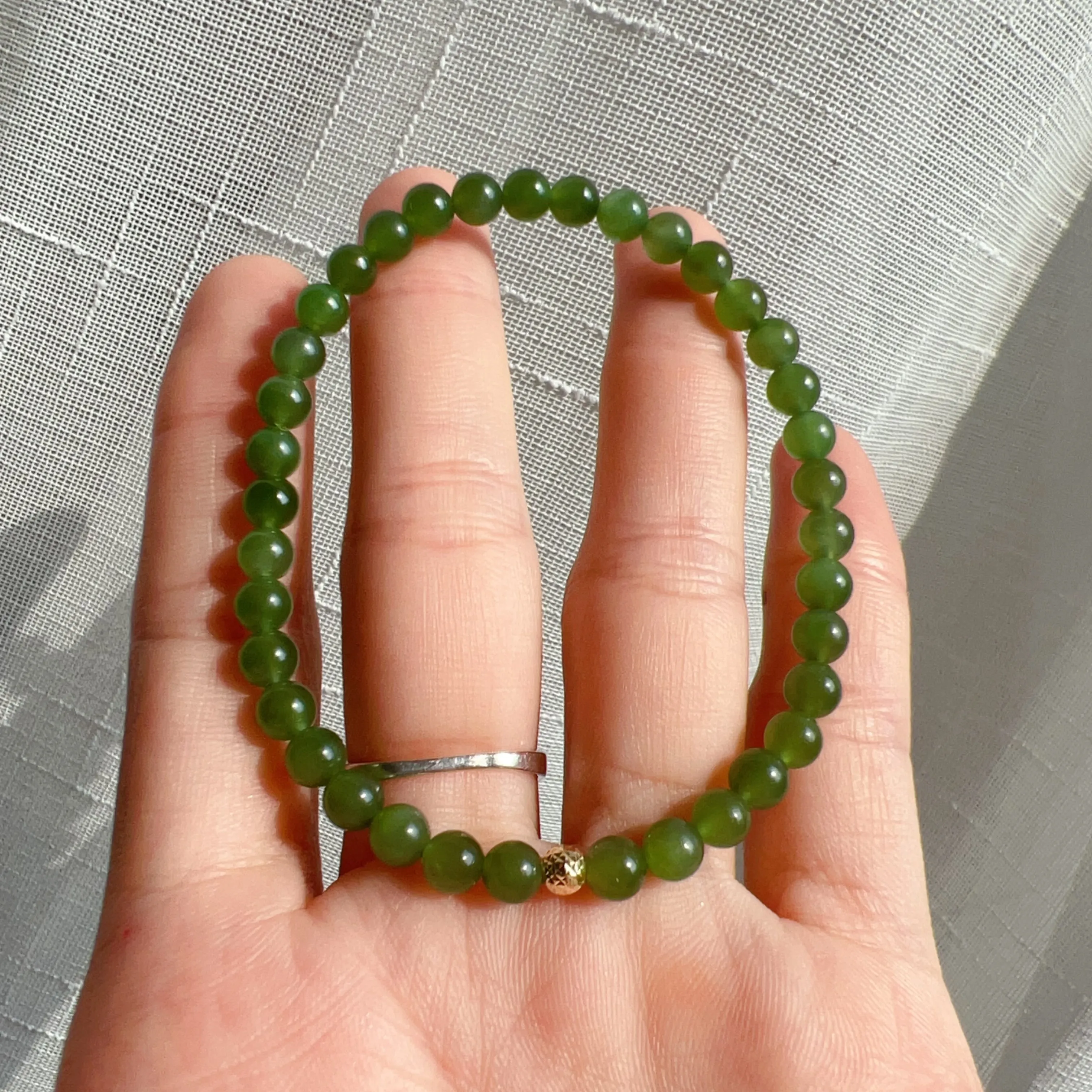 Apple Green Nephrite Jade Bracelet 5mm Beads with 18K Yellow Gold Faceted Bead | Natural Heart Chakra Healing Stone Jewelry