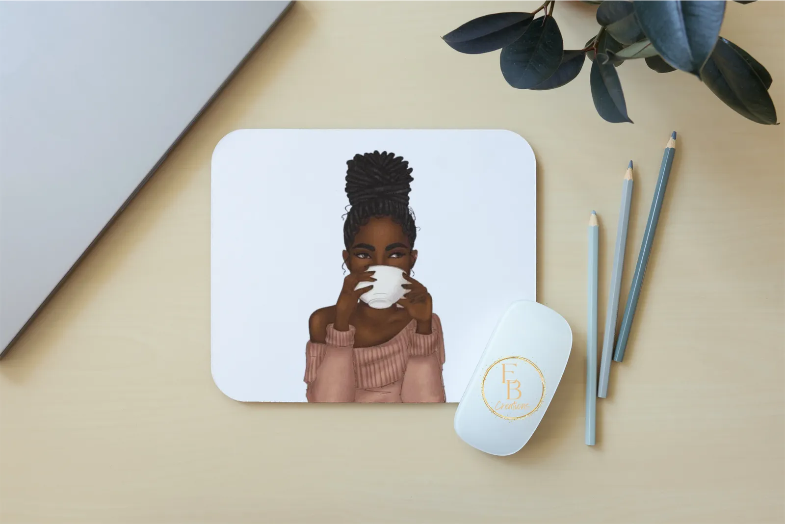 Black girl with bun mouse pad | Melanin Woman Office accessories supplies | Pad for mouse