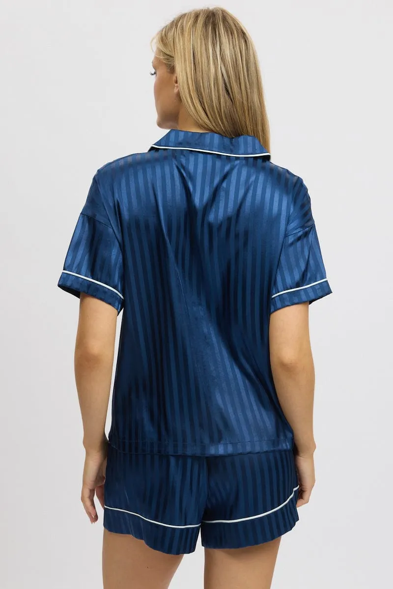 Blue Stripe Satin Pyjamas Set Short Sleeve