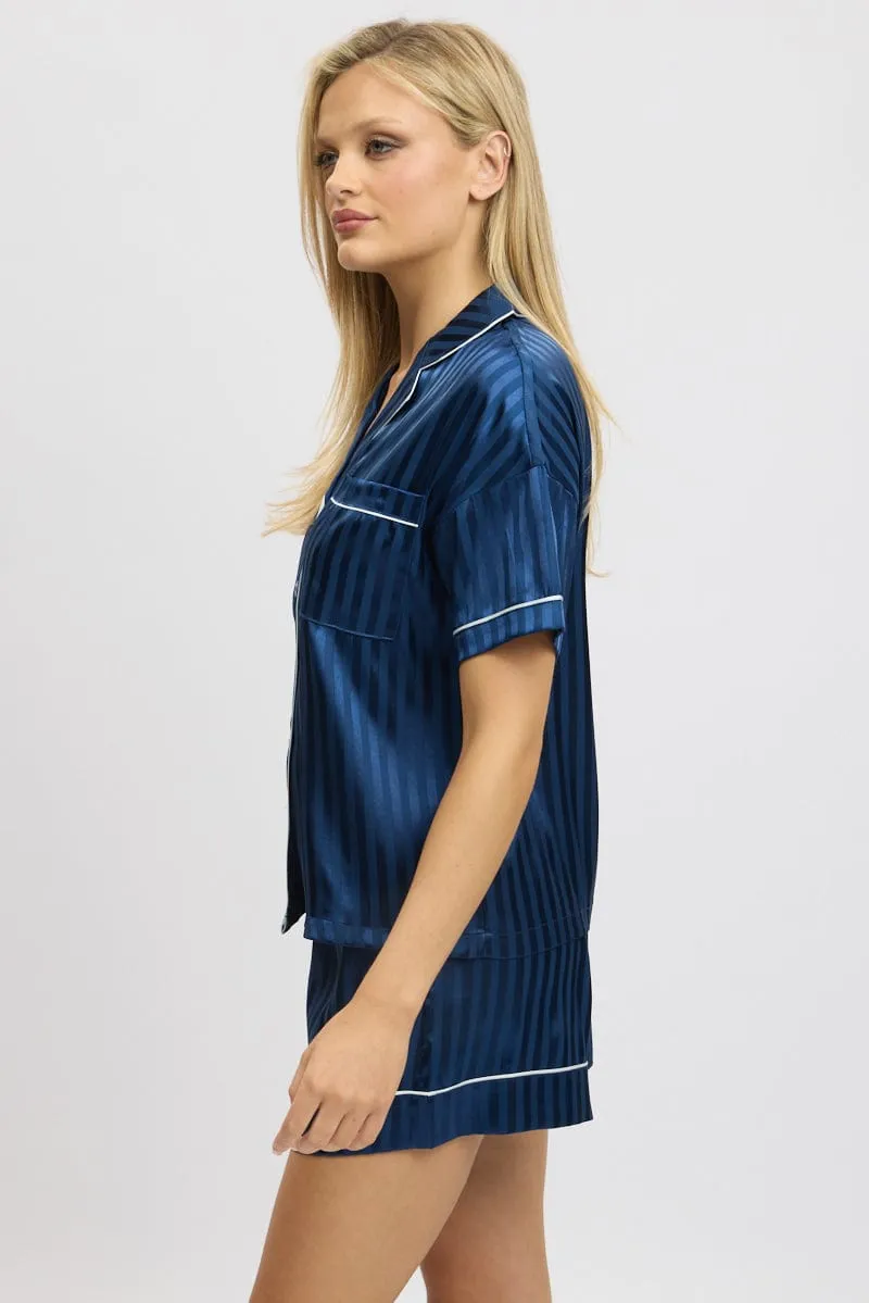 Blue Stripe Satin Pyjamas Set Short Sleeve