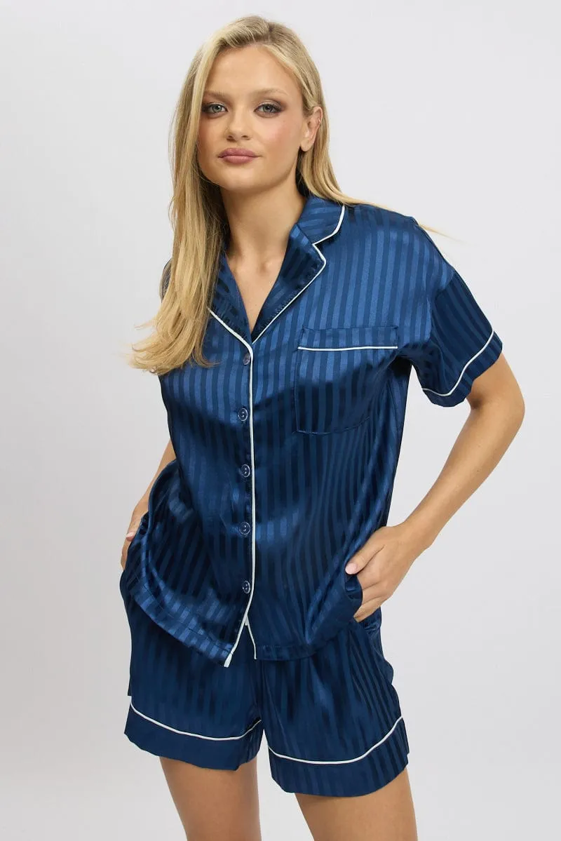 Blue Stripe Satin Pyjamas Set Short Sleeve