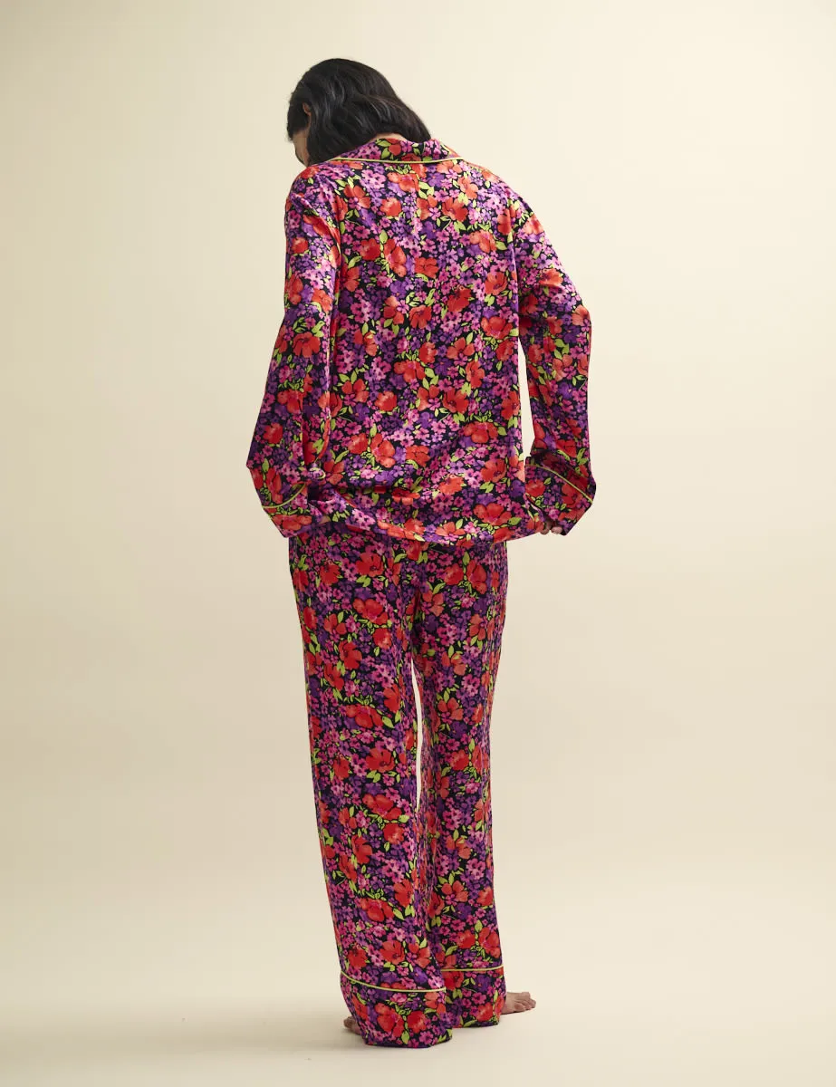 Bright Floral Collared Pyjama Trouser Set