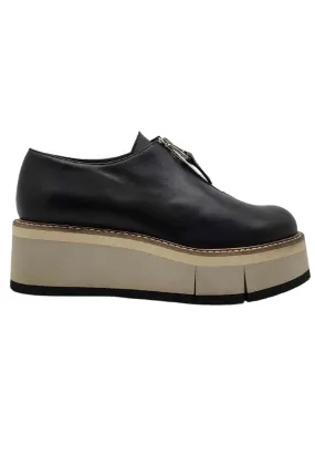 Calzature Donna Sneakers In Pelle Nera Con Zip Sul Davanti e Zeppa Color Miele