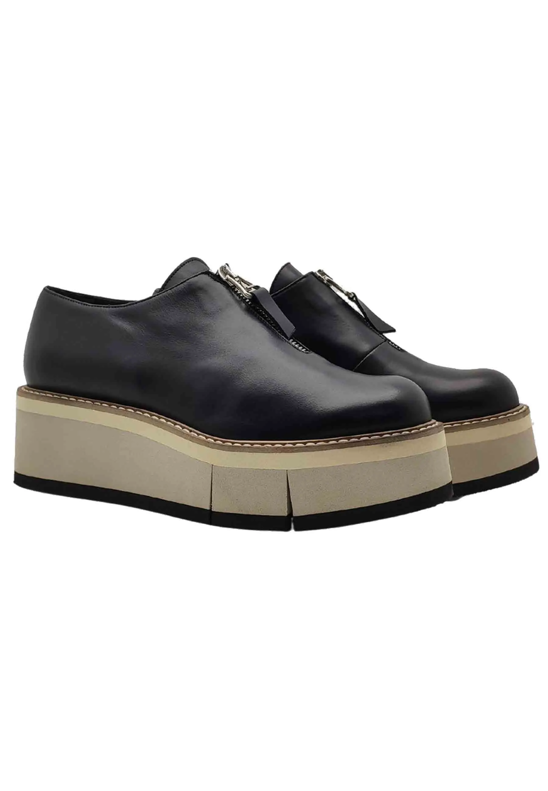 Calzature Donna Sneakers In Pelle Nera Con Zip Sul Davanti e Zeppa Color Miele