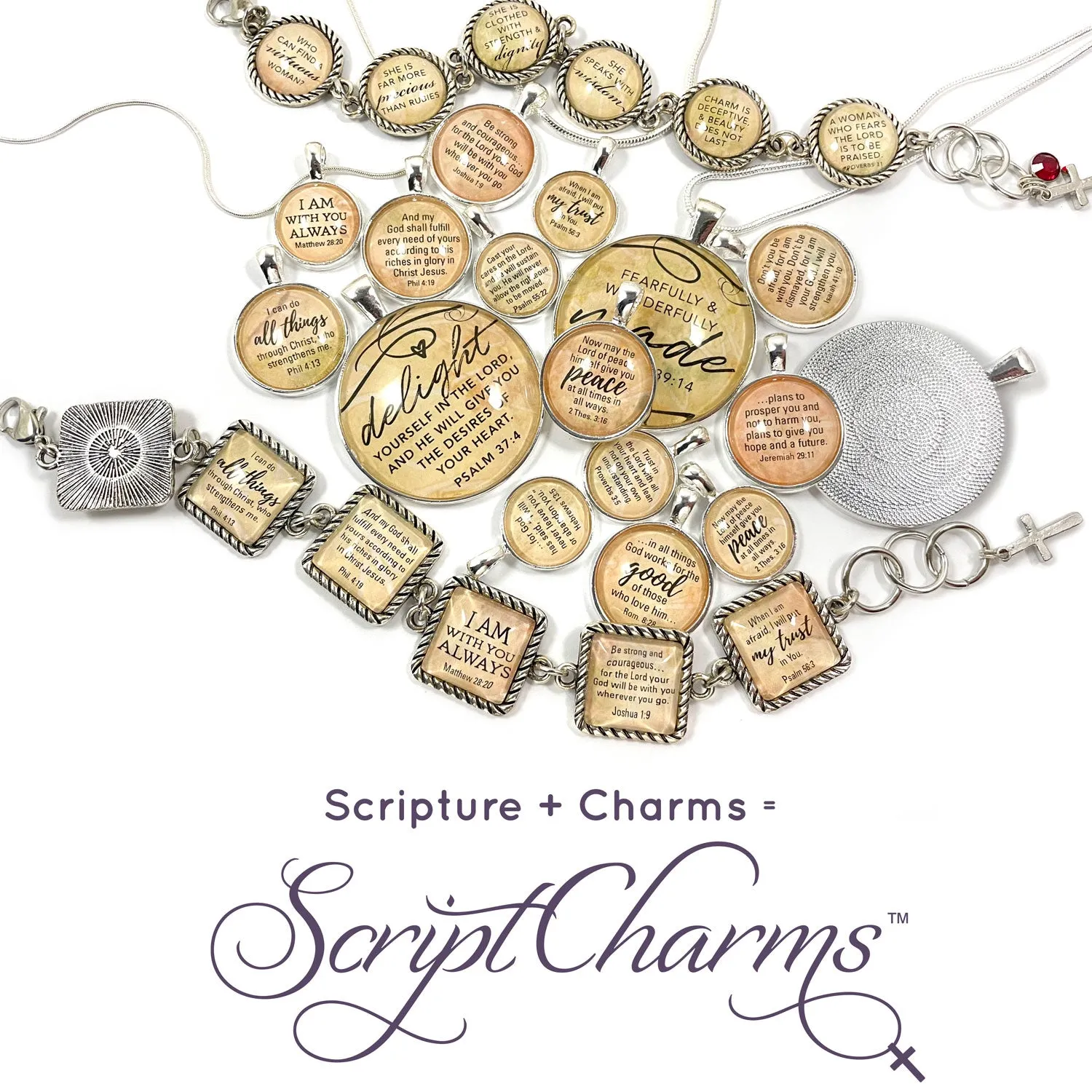 Delight Yourself in the Lord, Fearfully and Wonderfully Made – Psalms Scripture Silver Pendant Necklaces – Add a Matching Charm Bangle!