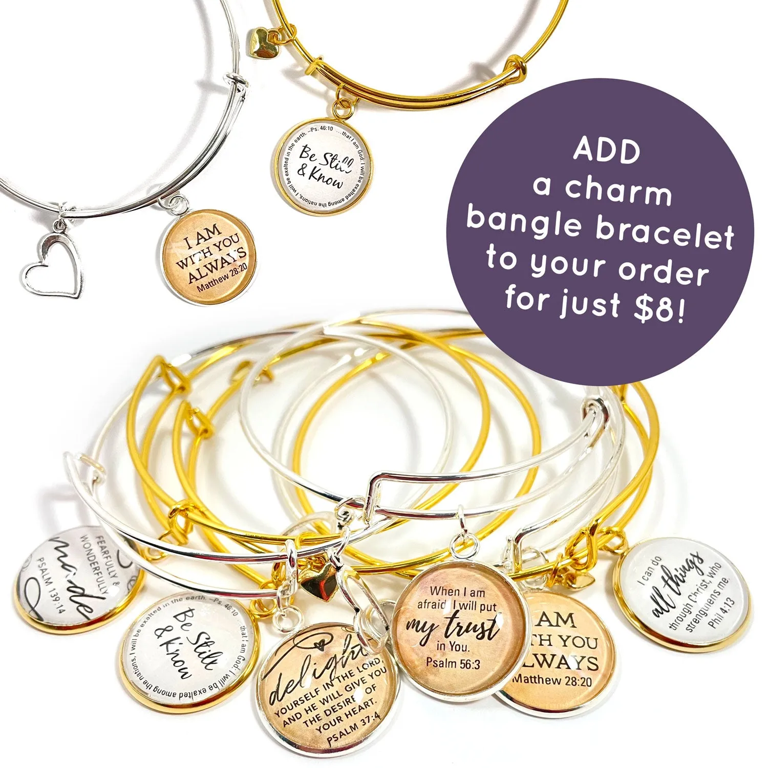 Delight Yourself in the Lord, Fearfully and Wonderfully Made – Psalms Scripture Silver Pendant Necklaces – Add a Matching Charm Bangle!