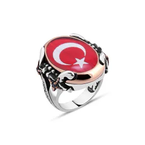 Ellipse Red Enameled Moon and Star Turkish Flag Sides Silver Men's Ring Siding Double Sword