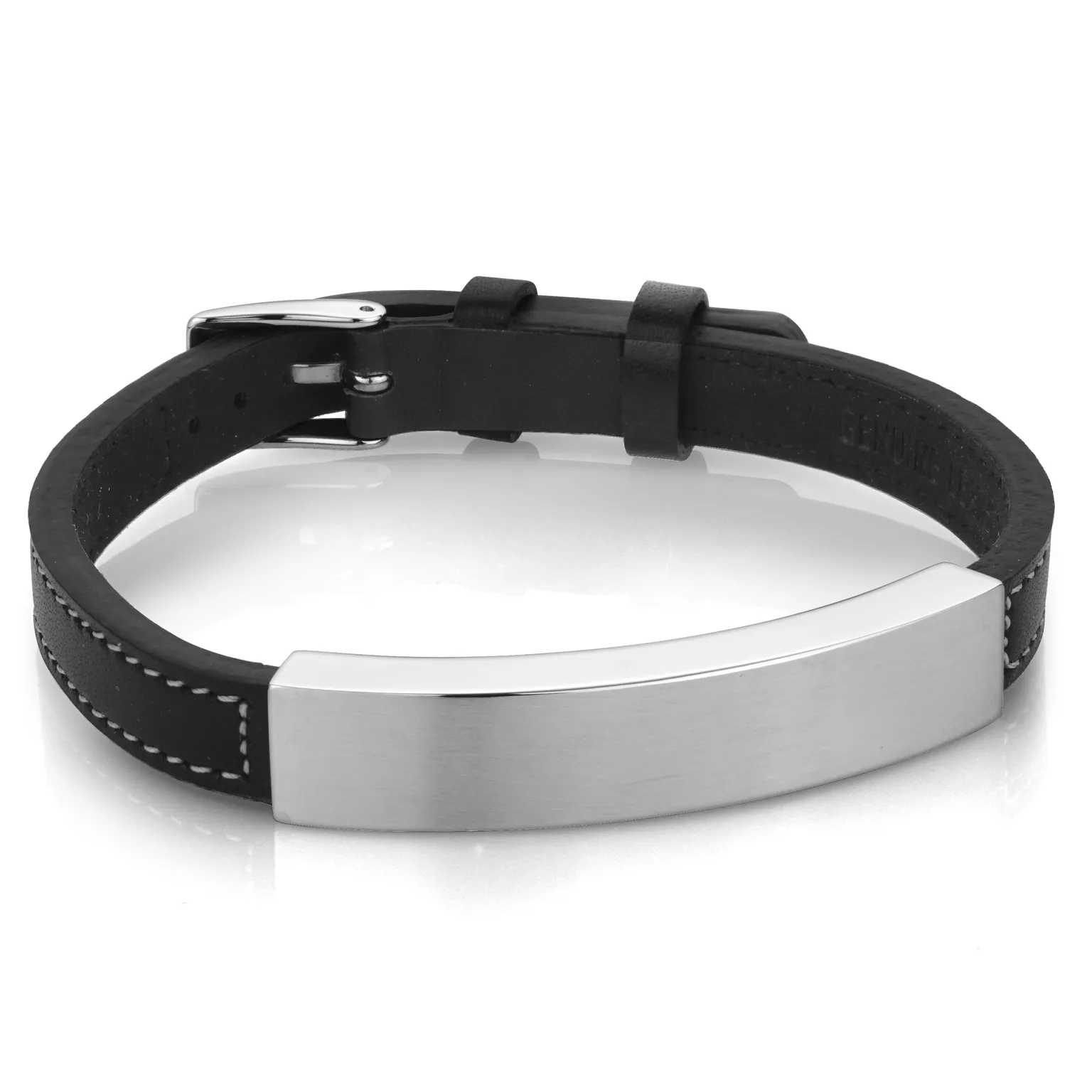 Engravable - Stainless Steel Flat Leather ID Bracelet Adjustable