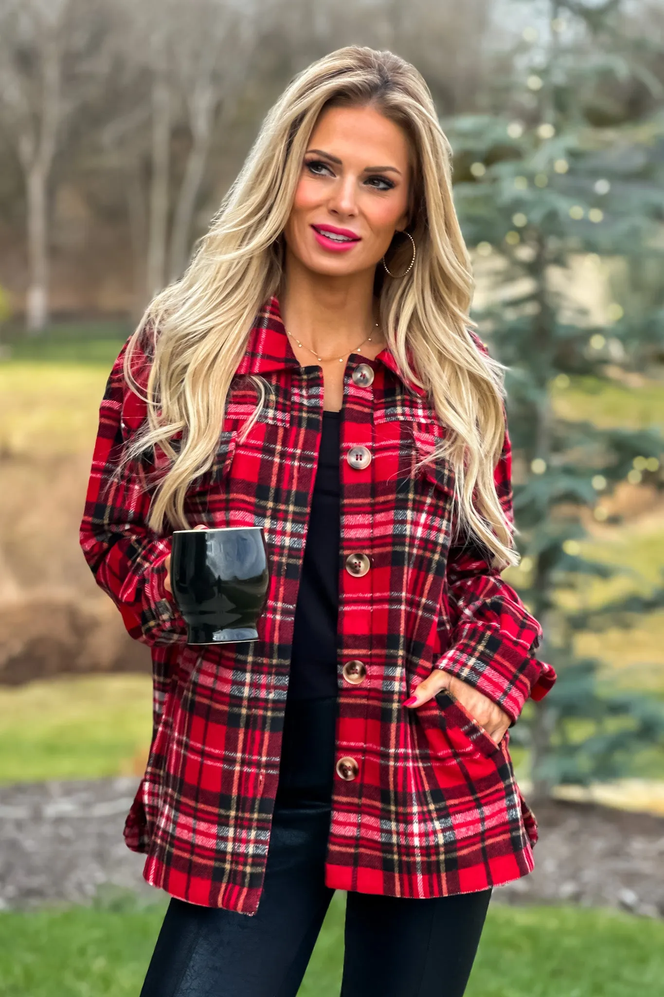 Go With It Heavy Flannel Plaid Shacket : Red/Black