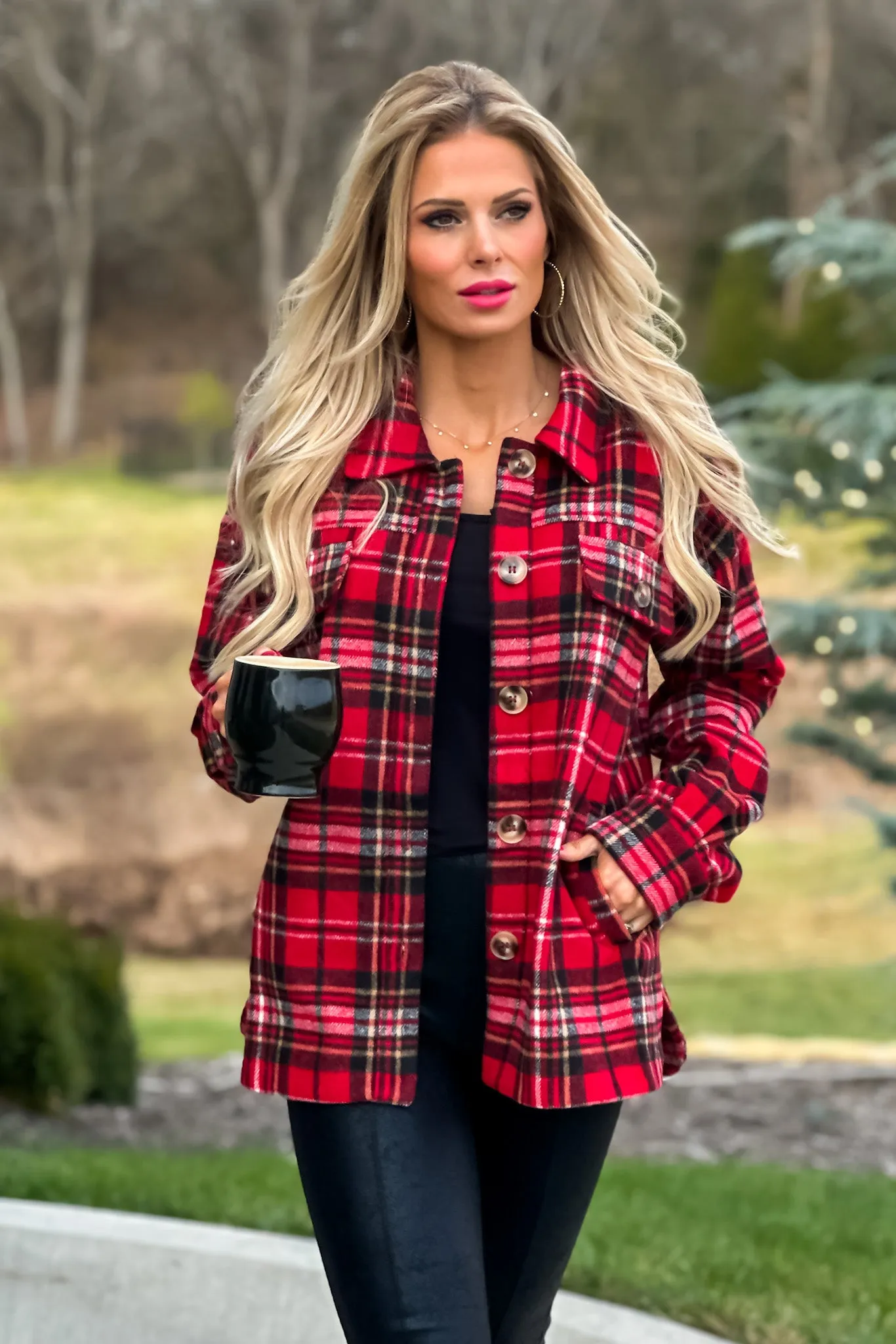 Go With It Heavy Flannel Plaid Shacket : Red/Black