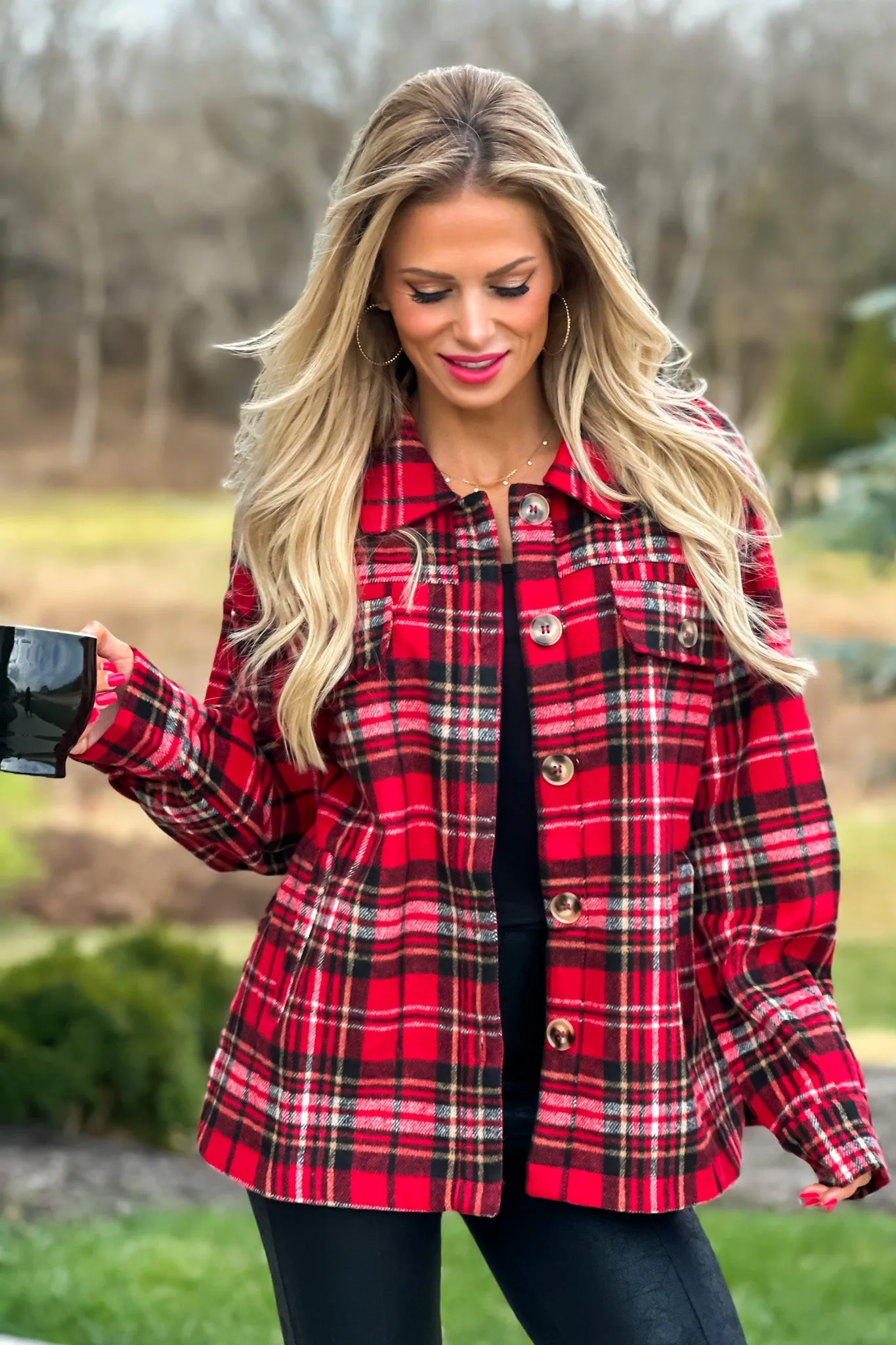 Go With It Heavy Flannel Plaid Shacket : Red/Black