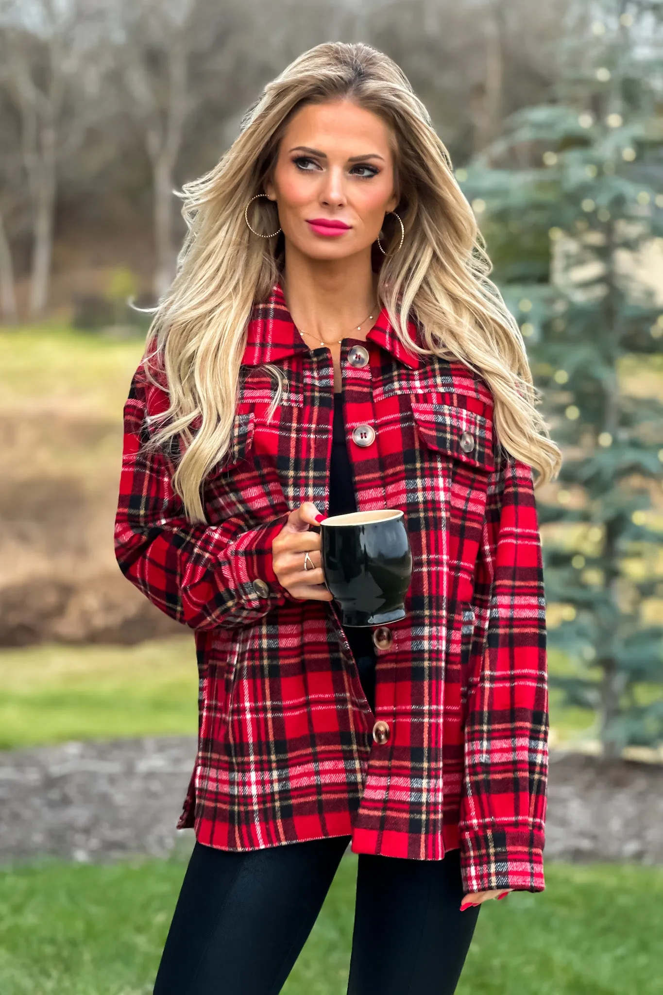 Go With It Heavy Flannel Plaid Shacket : Red/Black