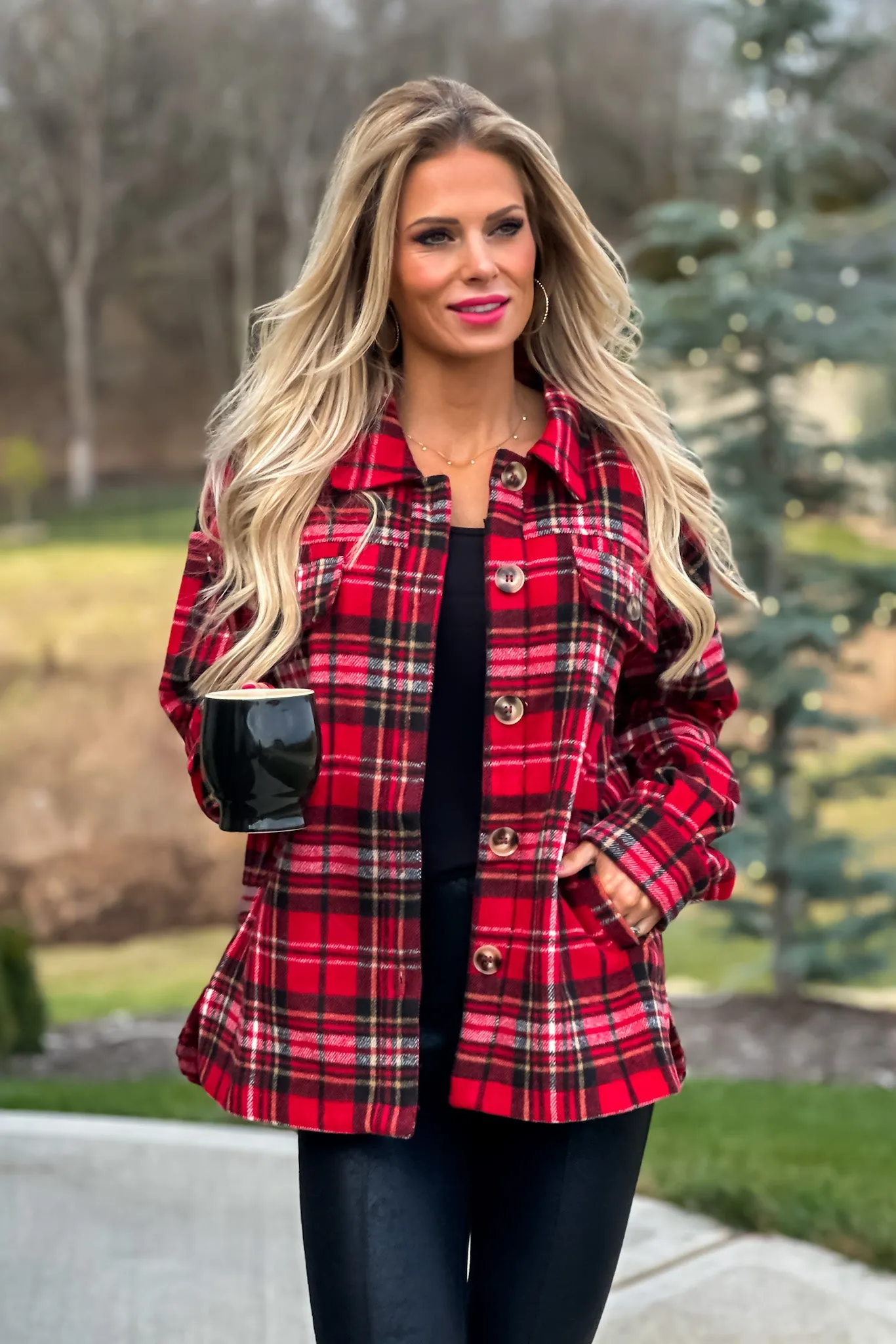 Go With It Heavy Flannel Plaid Shacket : Red/Black