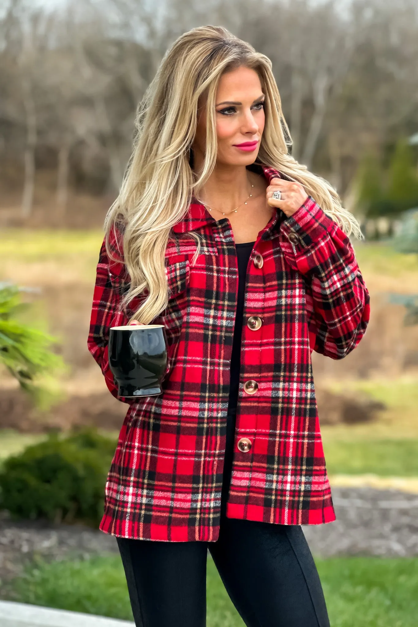 Go With It Heavy Flannel Plaid Shacket : Red/Black