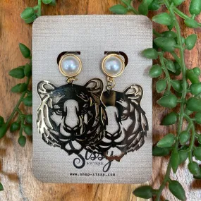 GOLD TIGER AND PEARL EARRINGS