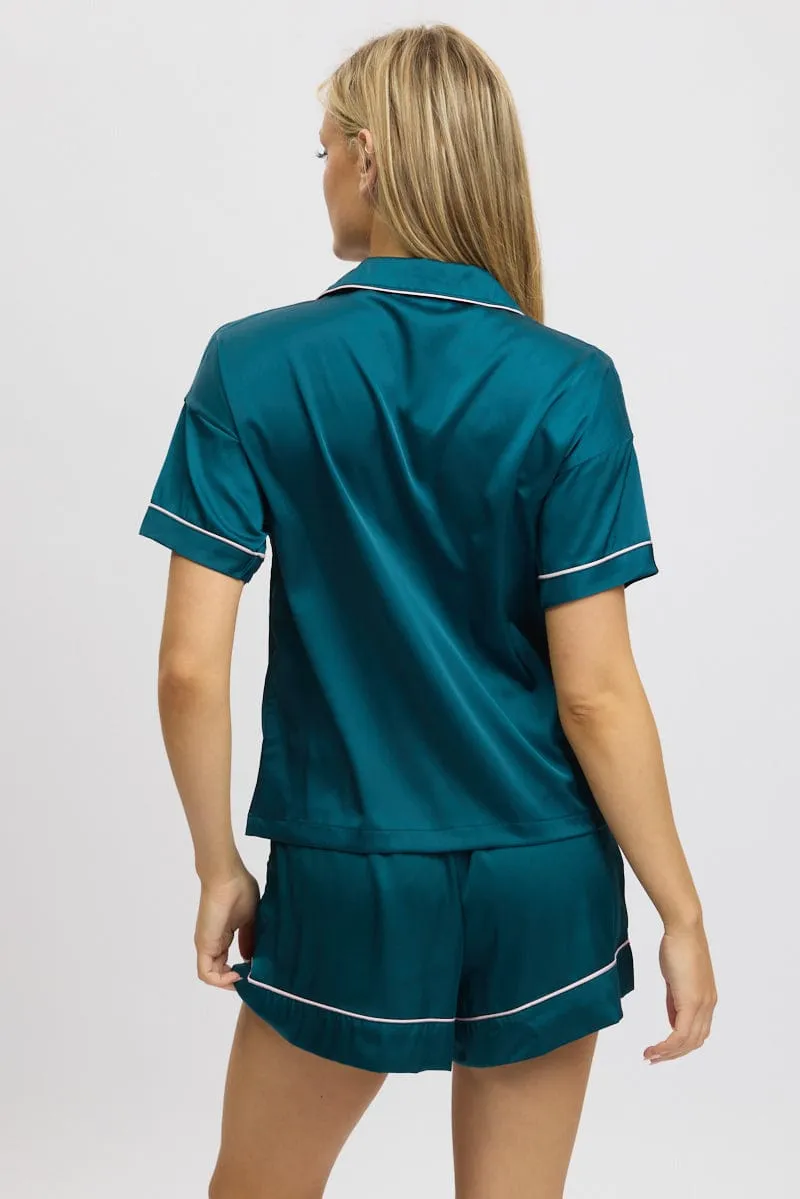 Green Satin Pyjamas Set Short Sleeve