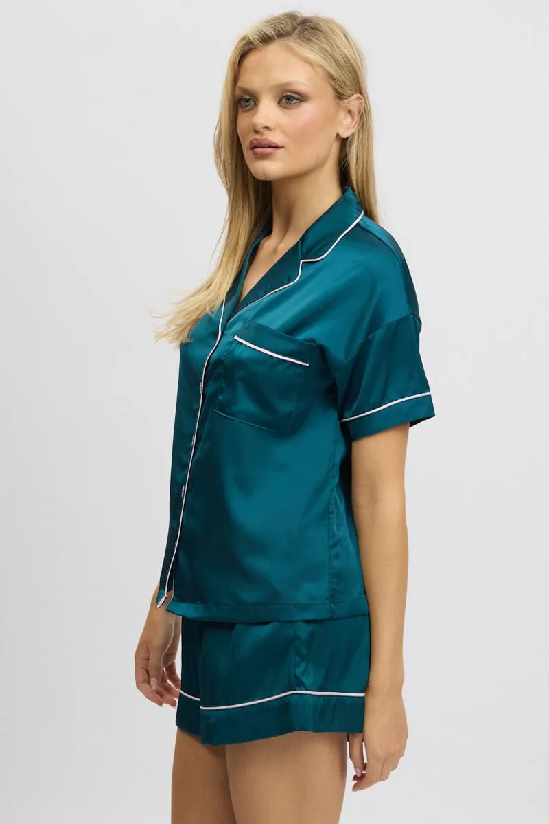 Green Satin Pyjamas Set Short Sleeve