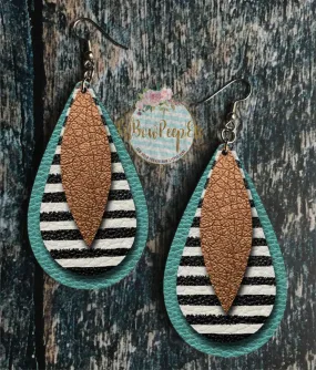 Hardboard Earrings 3 layer Teal Stripe Black Gold Tan