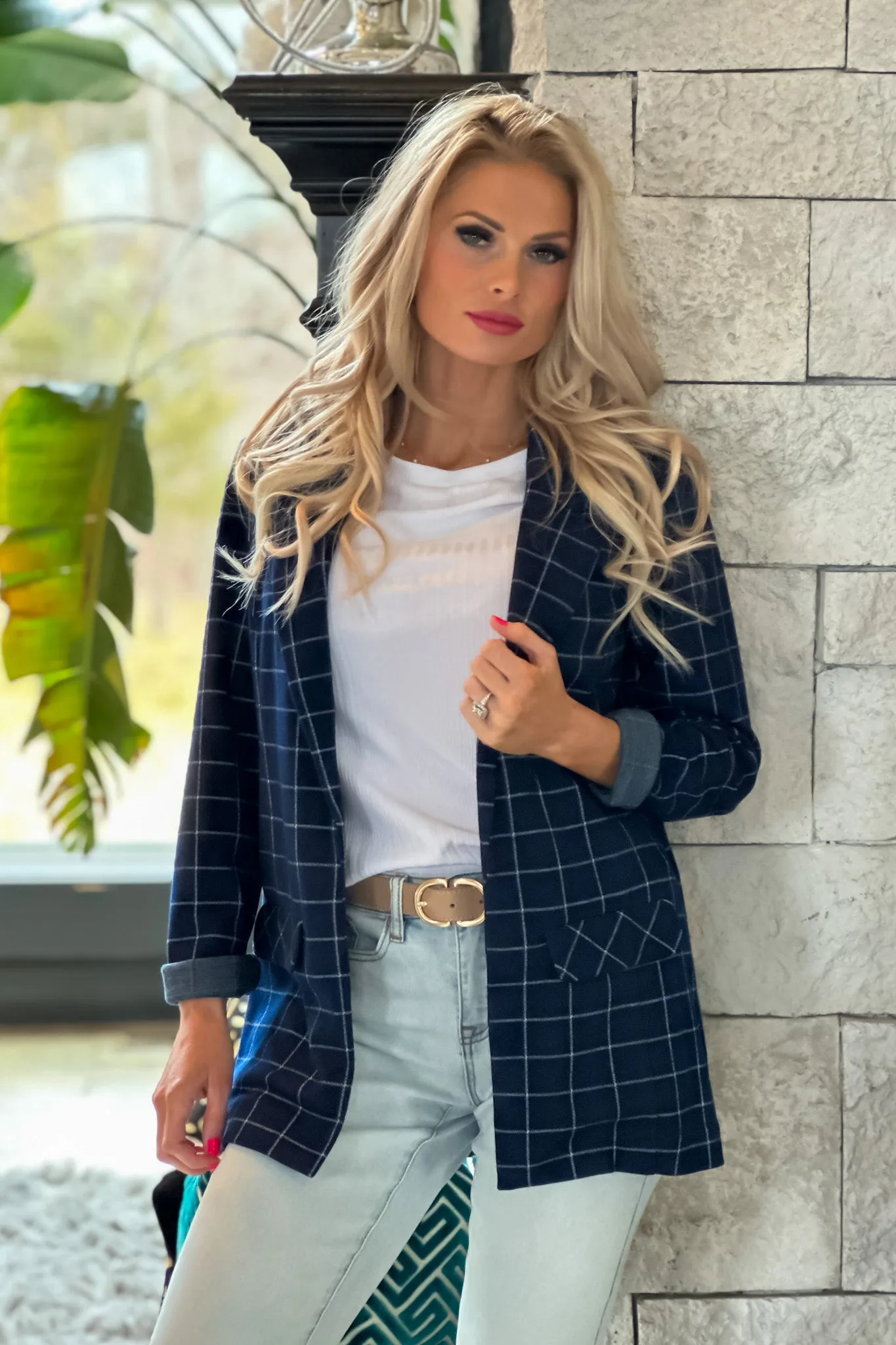 Liverpool Federal Boyfriend Plaid Blazer : Navy