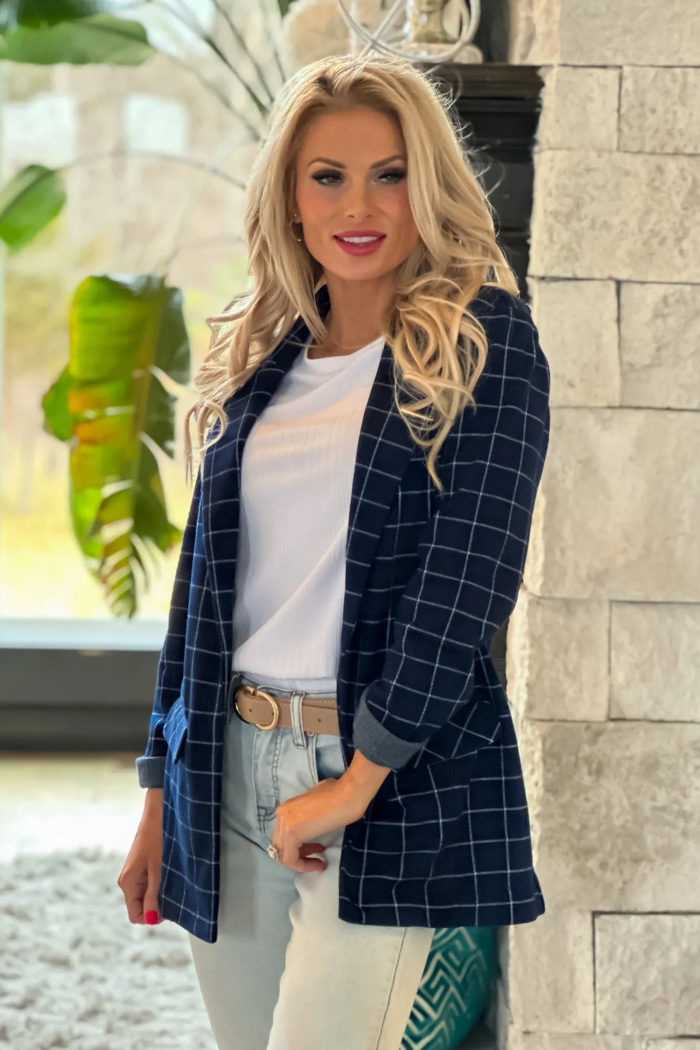 Liverpool Federal Boyfriend Plaid Blazer : Navy