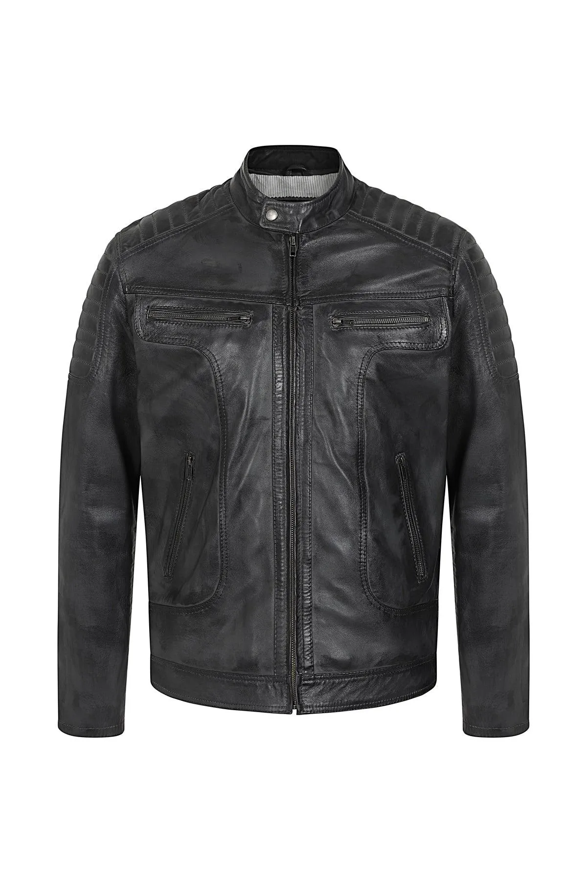 Men's Grey Leather Racer Biker Style - CHARLIE