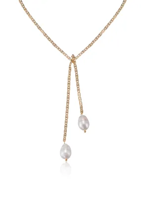 Minimalist 18k Gold Plated Chain and Freshwater Pearl Bolo Lariat Necklace