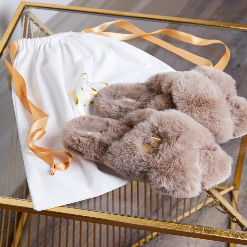 Personalised Luxury Fluffy Slippers - Taupe