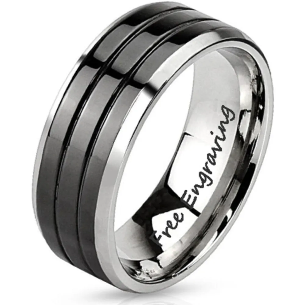 Personalized Men's Promise Ring - Black and Silver Double Grooved Stainless Steel