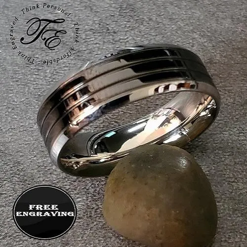 Personalized Men's Promise Ring - Black and Silver Double Grooved Stainless Steel