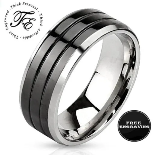 Personalized Men's Promise Ring - Black and Silver Double Grooved Stainless Steel