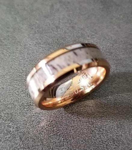 Personalized Men's Tungsten  Rose Gold Wedding Ring Deer Antler Inlay