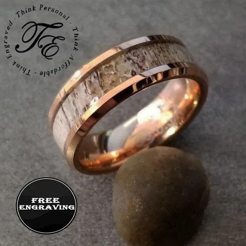 Personalized Men's Tungsten  Rose Gold Wedding Ring Deer Antler Inlay