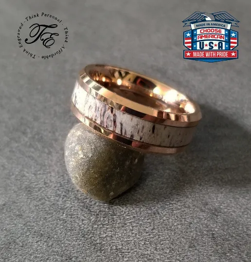 Personalized Men's Tungsten  Rose Gold Wedding Ring Deer Antler Inlay