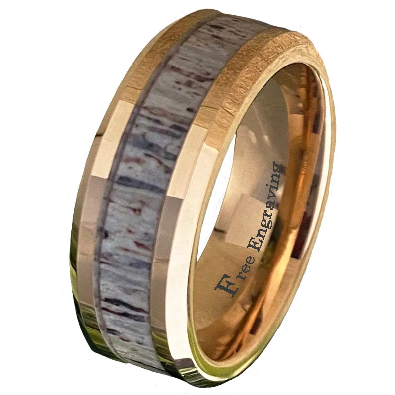 Personalized Men's Tungsten  Rose Gold Wedding Ring Deer Antler Inlay