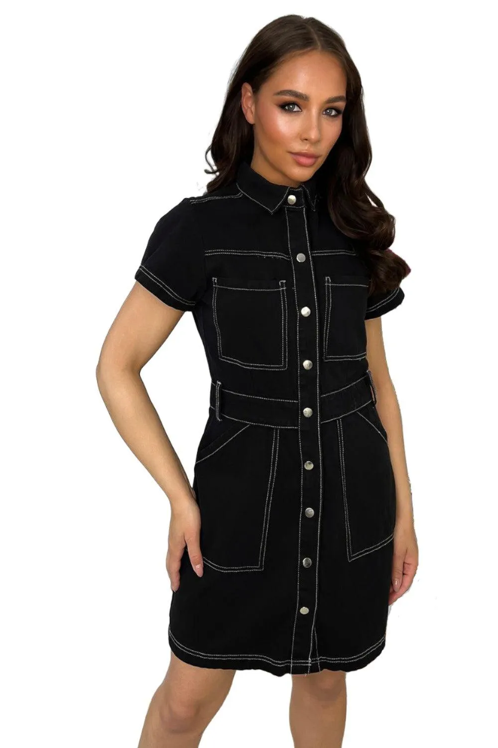 Popper Buttons Front Light Denim Dress