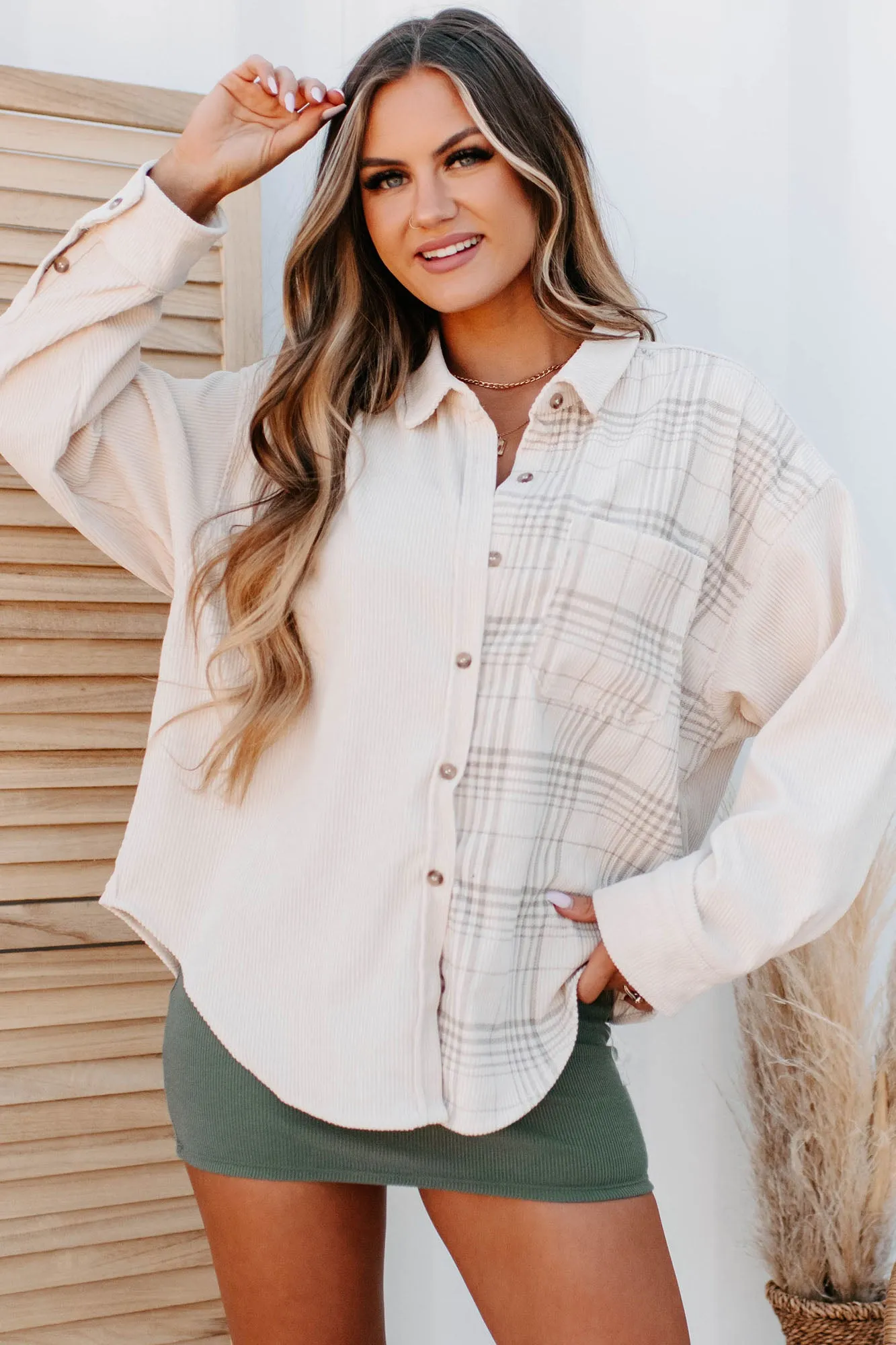 "Let Me Be Plaid" Plaid Contrast Oversized Corduroy Shirt (Sand Combo)