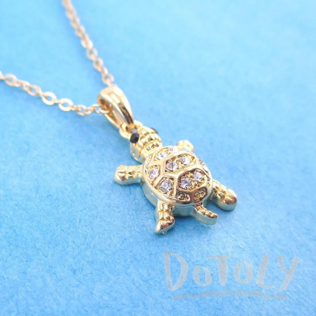 Small Turtle Shaped Charm Necklace in Gold with Rhinestones