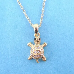 Small Turtle Shaped Charm Necklace in Gold with Rhinestones