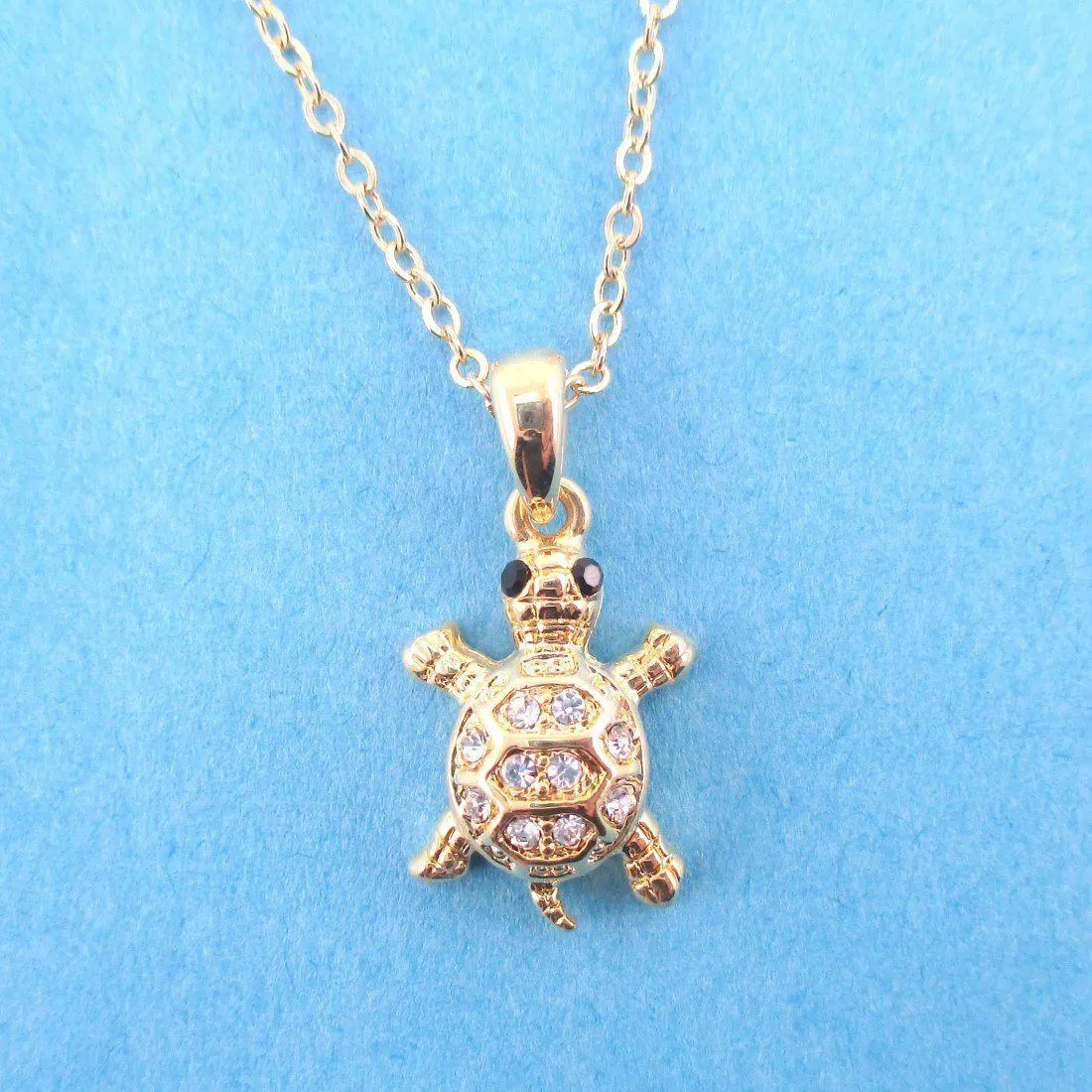 Small Turtle Shaped Charm Necklace in Gold with Rhinestones