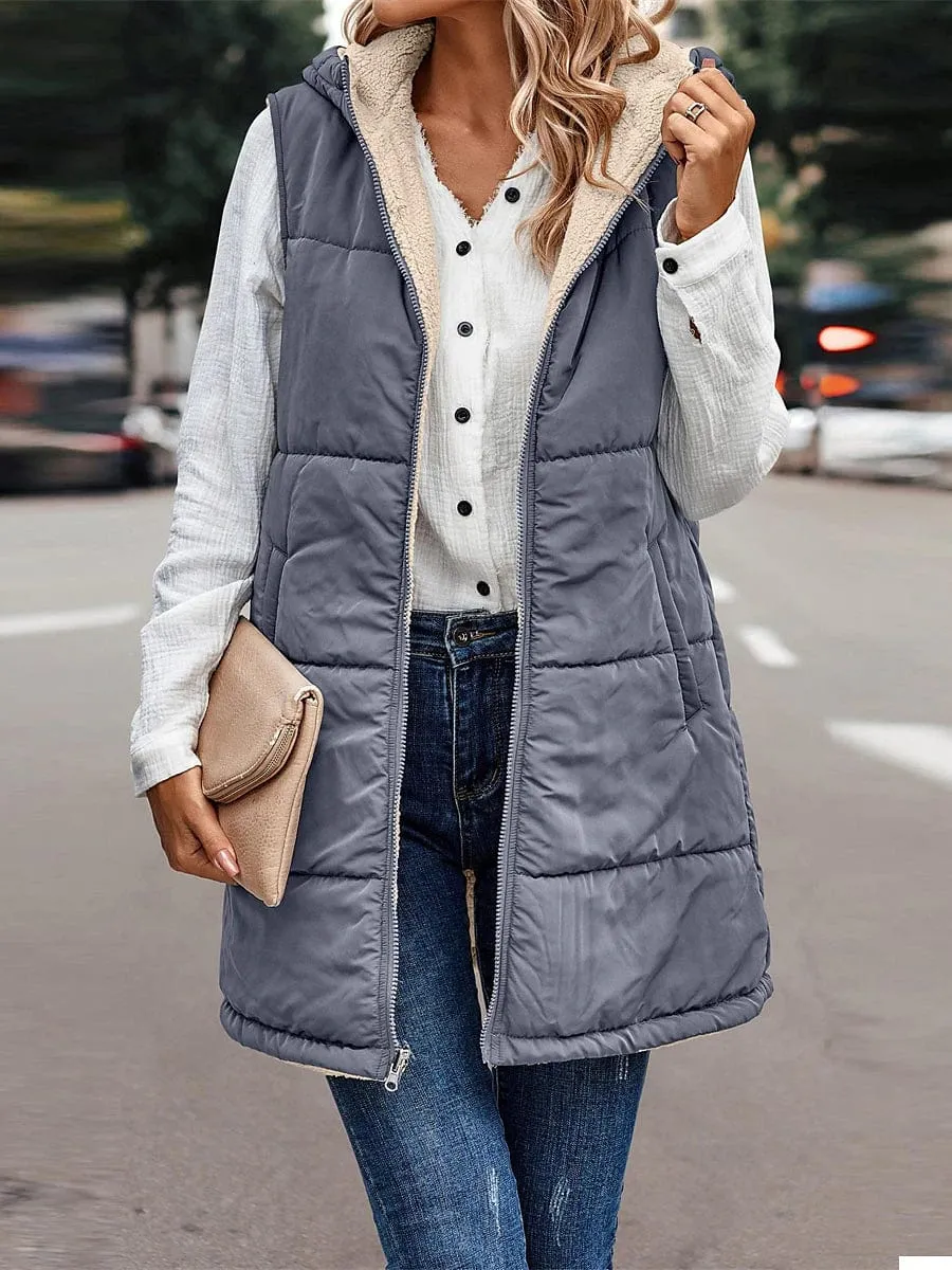 Stylish Women's Long Winter Puffer Vest with Reversible Fleece and Hood